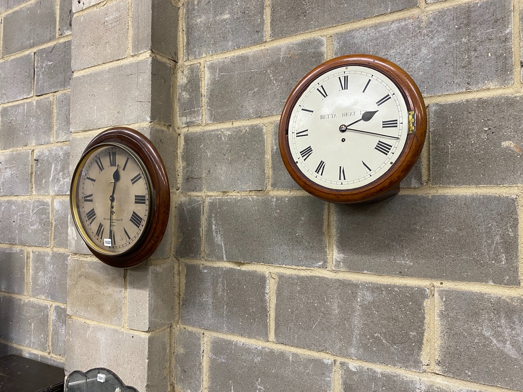 A Victorian fusee wall dial, (repainted) and a Smiths wall dial (no movement)